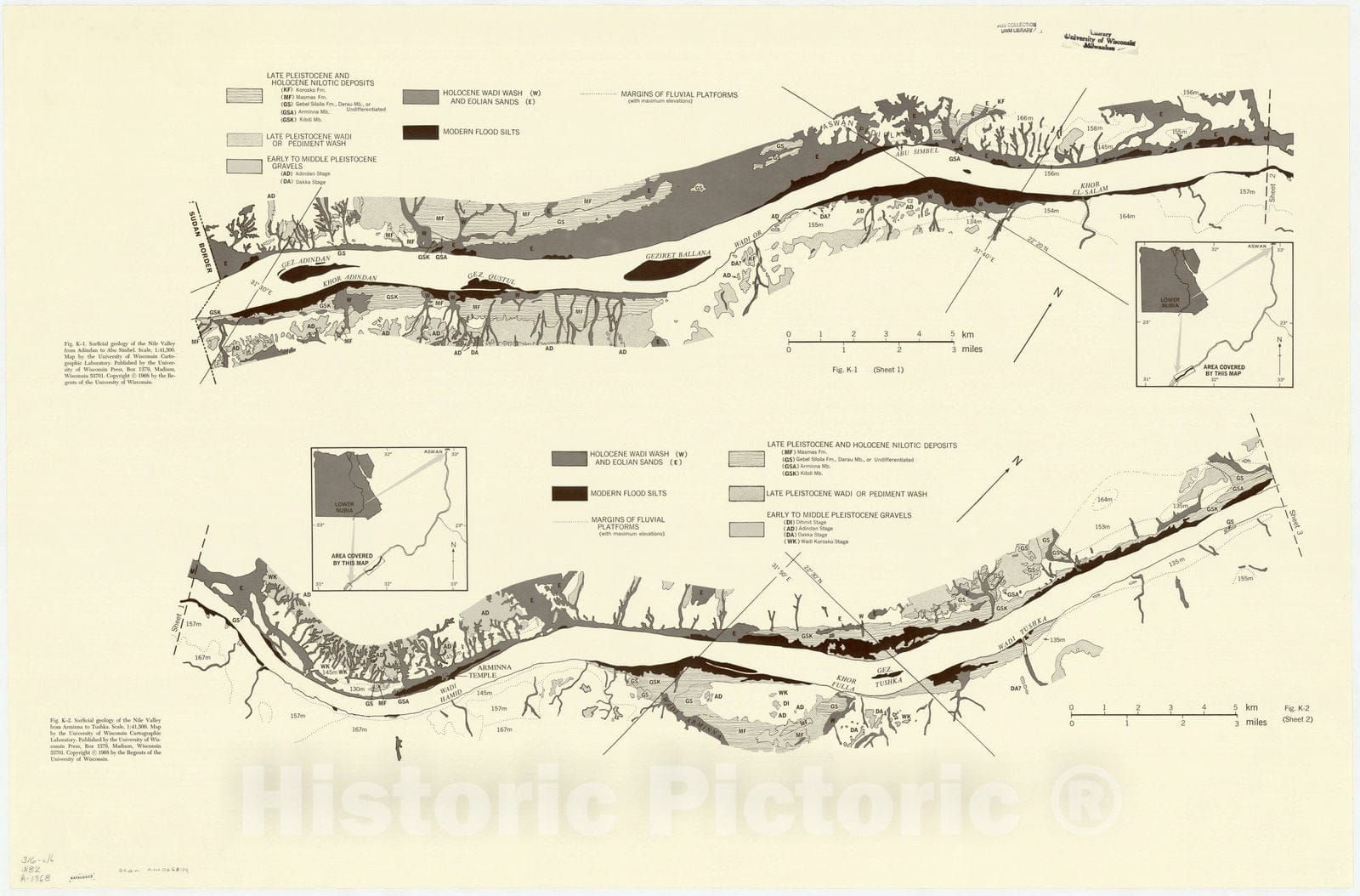 Map : Aswan reservoir 1968 7, Desert and river in Nubia : geomorphology and prehistoric environments at the Aswan reservoir , Antique Vintage Reproduction