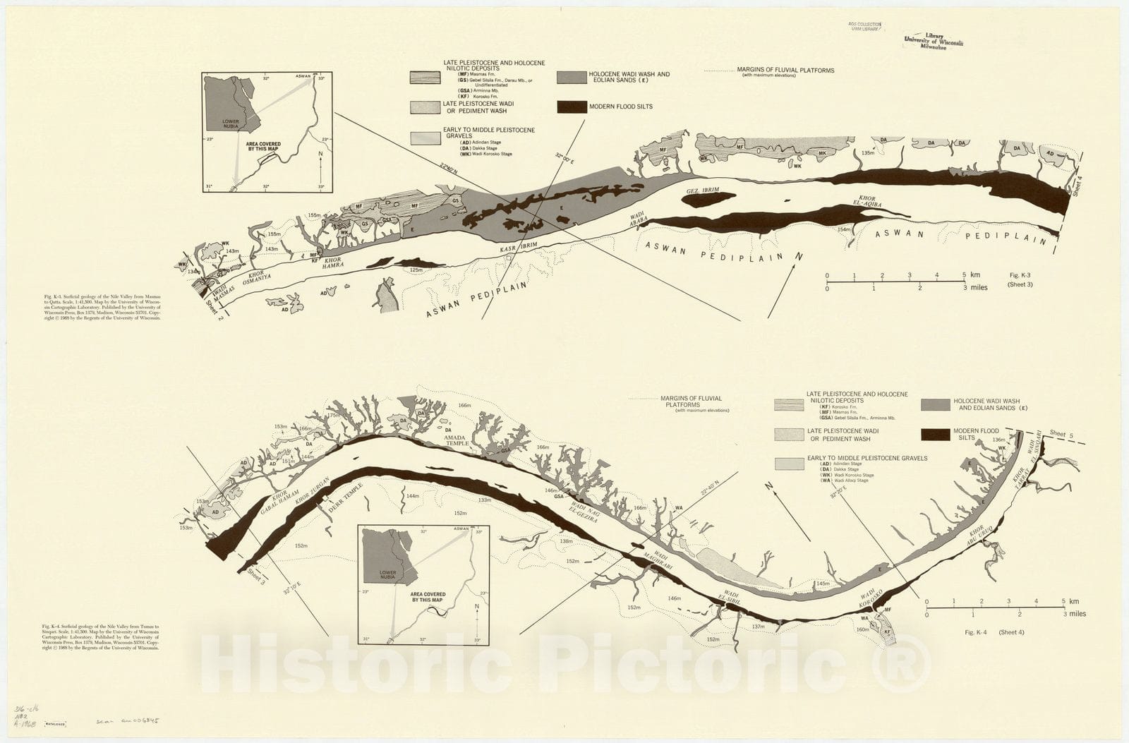 Map : Aswan reservoir 1968 1, Desert and river in Nubia : geomorphology and prehistoric environments at the Aswan reservoir , Antique Vintage Reproduction