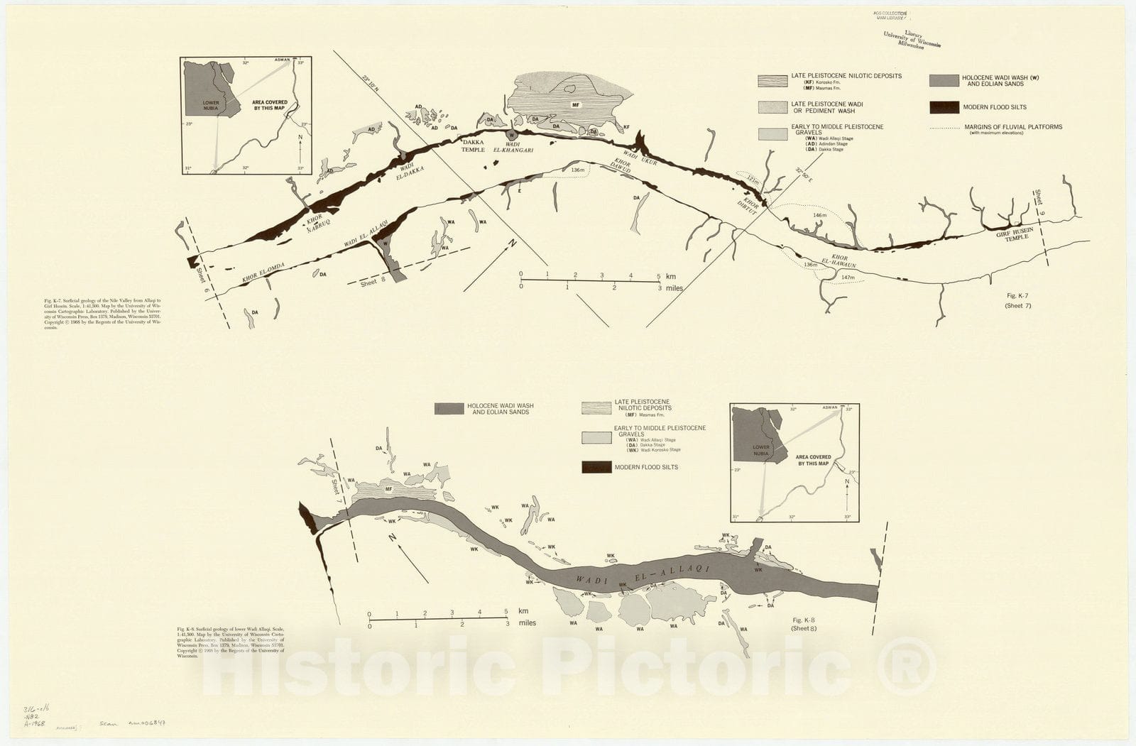 Map : Aswan reservoir 1968 3, Desert and river in Nubia : geomorphology and prehistoric environments at the Aswan reservoir , Antique Vintage Reproduction
