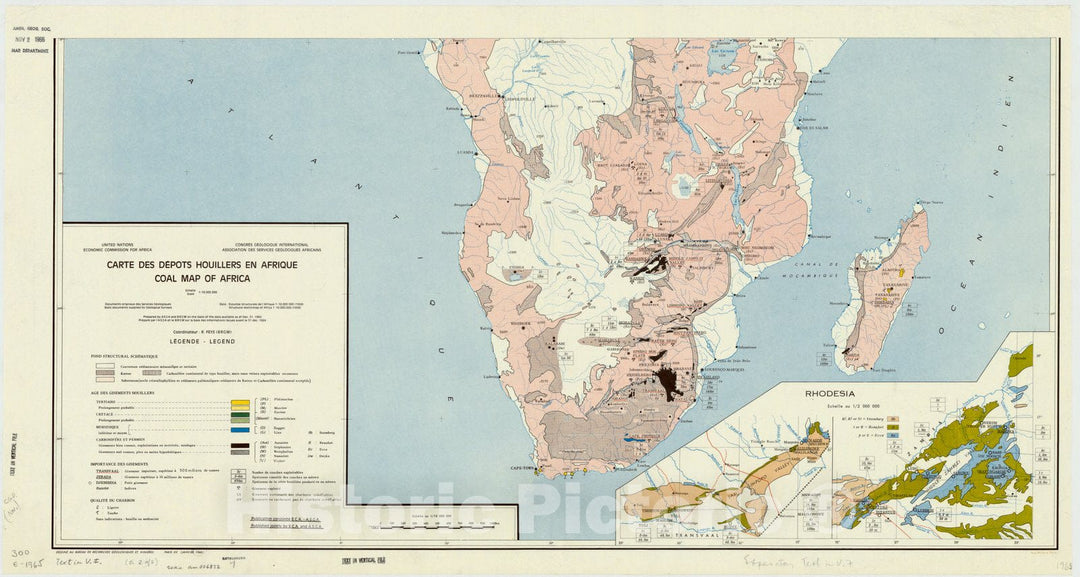 Map : Africa 1965 1, Carte des depo?ts houillers en Afrique, echelle 1, Antique Vintage Reproduction