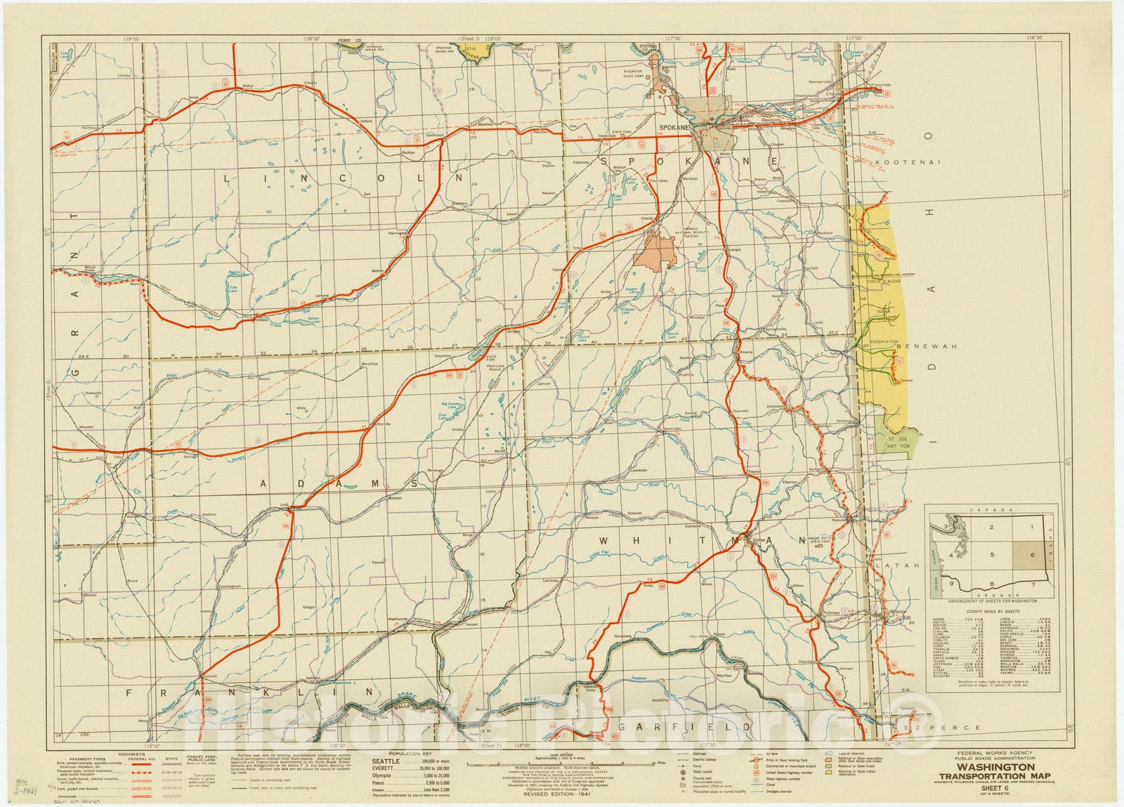 Map : Washington 1941 6, Washington transportation map : Highways, railroads canals, air lanes, and dredged channels , Antique Vintage Reproduction