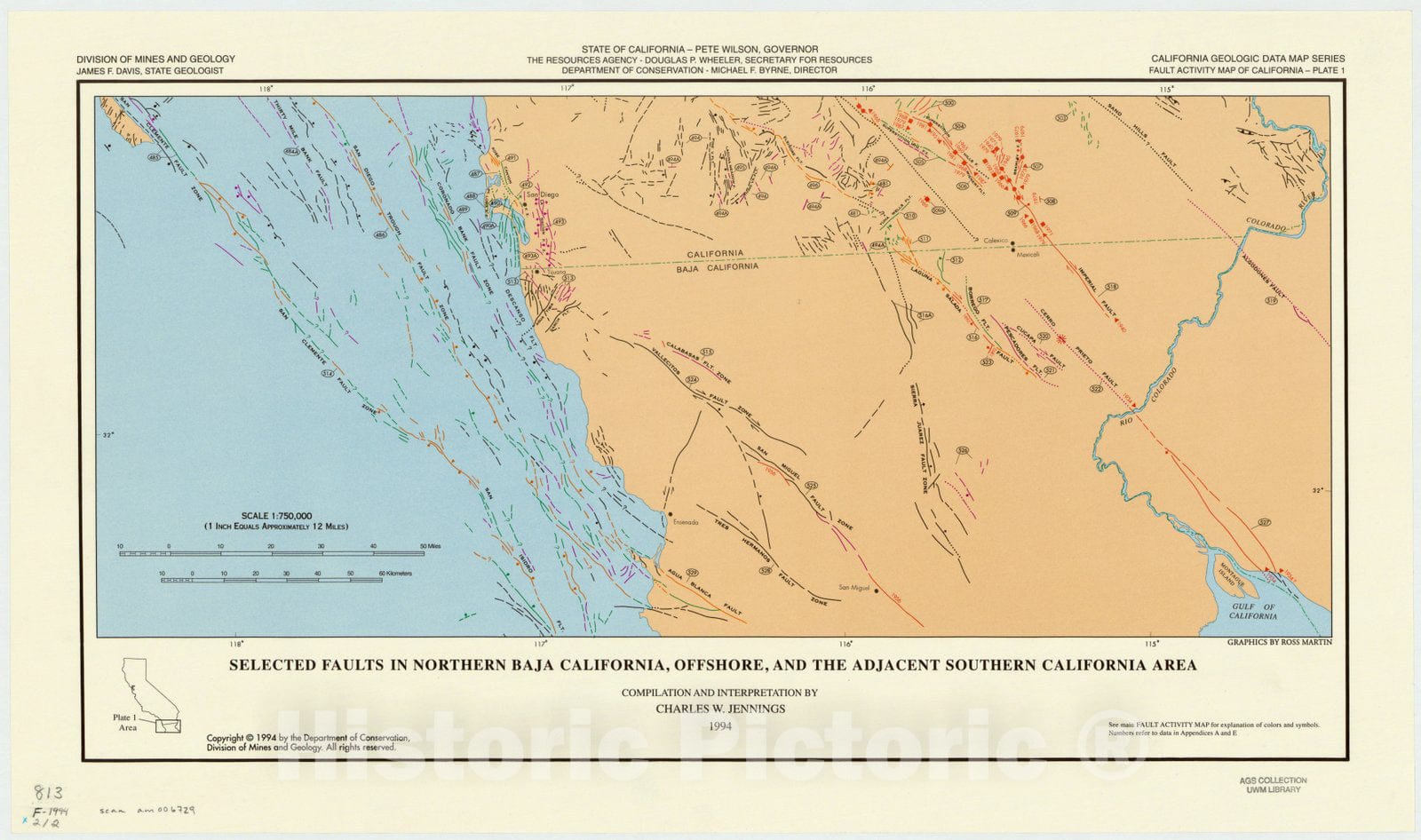 Map : California 1994, Fault activity map of California and adjacent areas, with locations and ages of recent volcanic eruptions , Antique Vintage Reproduction