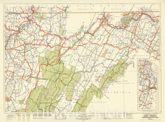 Map : West Virginia 1946 2, West Virginia transportation map , Antique Vintage Reproduction