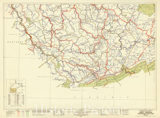 Map : West Virginia 1946 4, West Virginia transportation map , Antique Vintage Reproduction