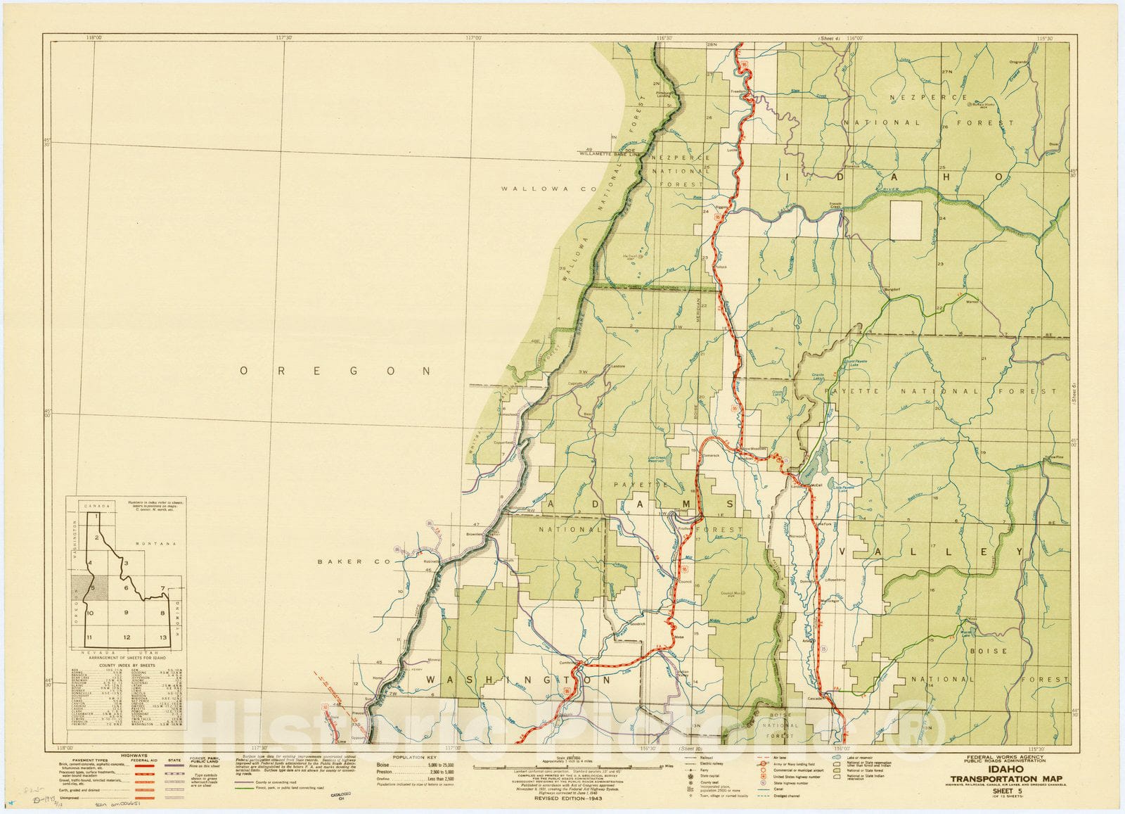 Map : Idaho 1943 8, Idaho transportation map : highways, railroads, canals, air lanes, and dredged channels , Antique Vintage Reproduction