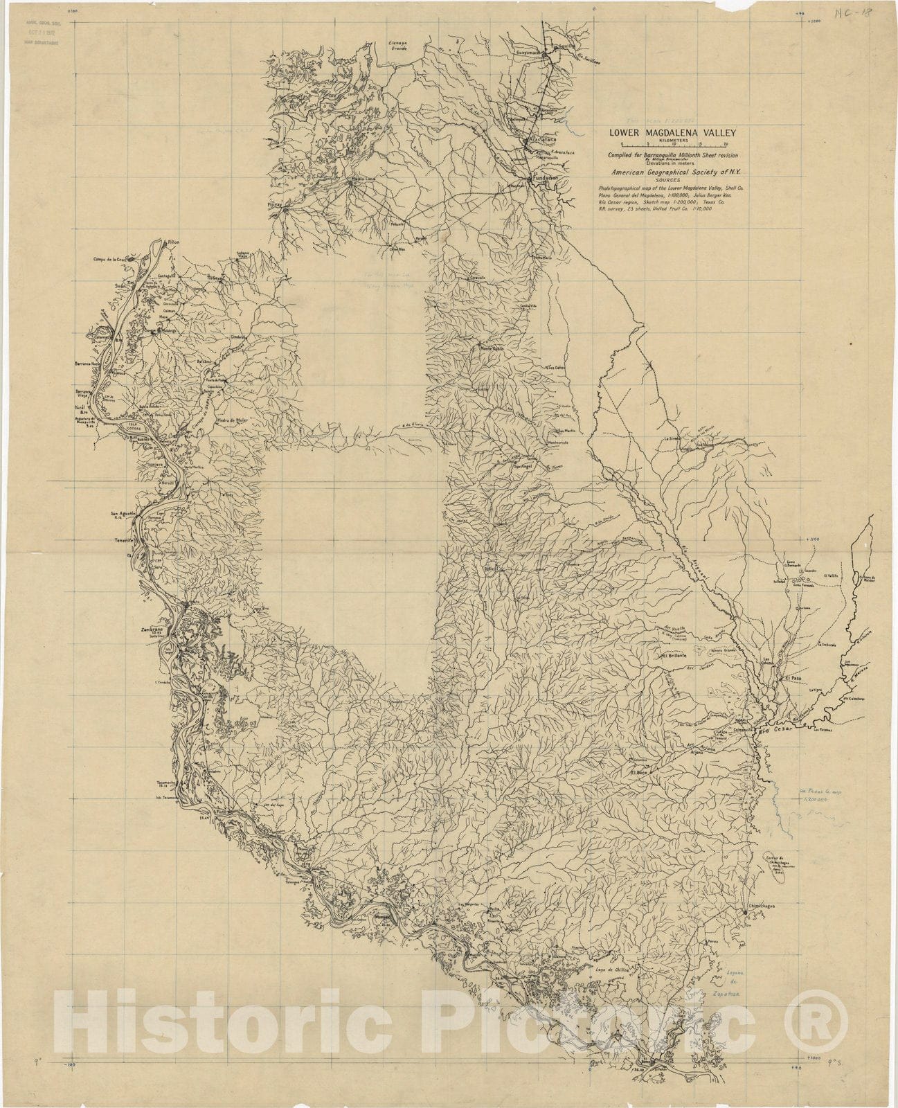 Map : Lower Magdalena Valley [between 1934-1952], Lower Magdalena Valley : compiled for Barranquilla millionth sheet revision , Antique Vintage Reproduction