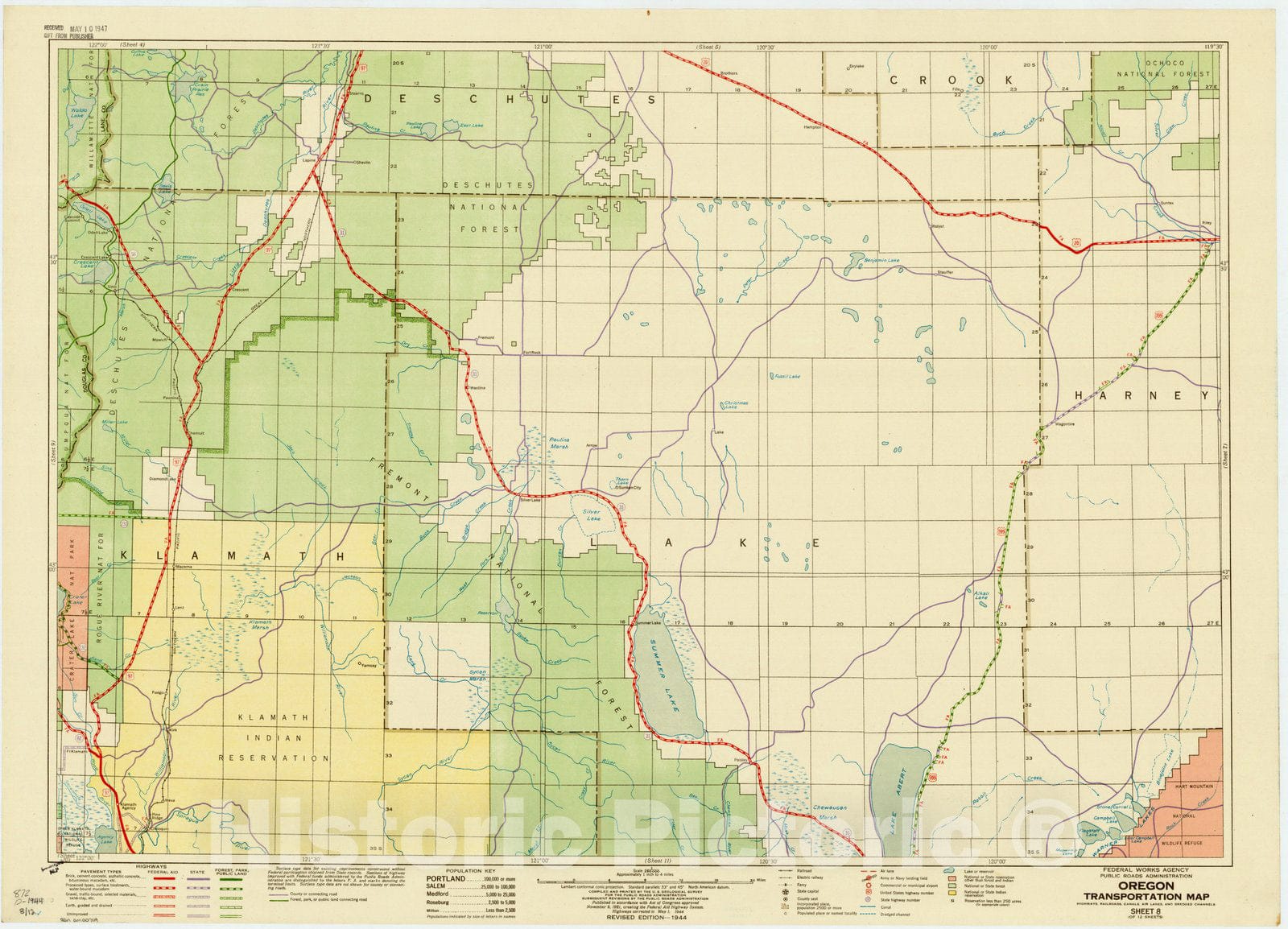 Map : Oregon 1944 9, Oregon transportation map : highways, railroads, canals, air lanes, and dredged channels , Antique Vintage Reproduction