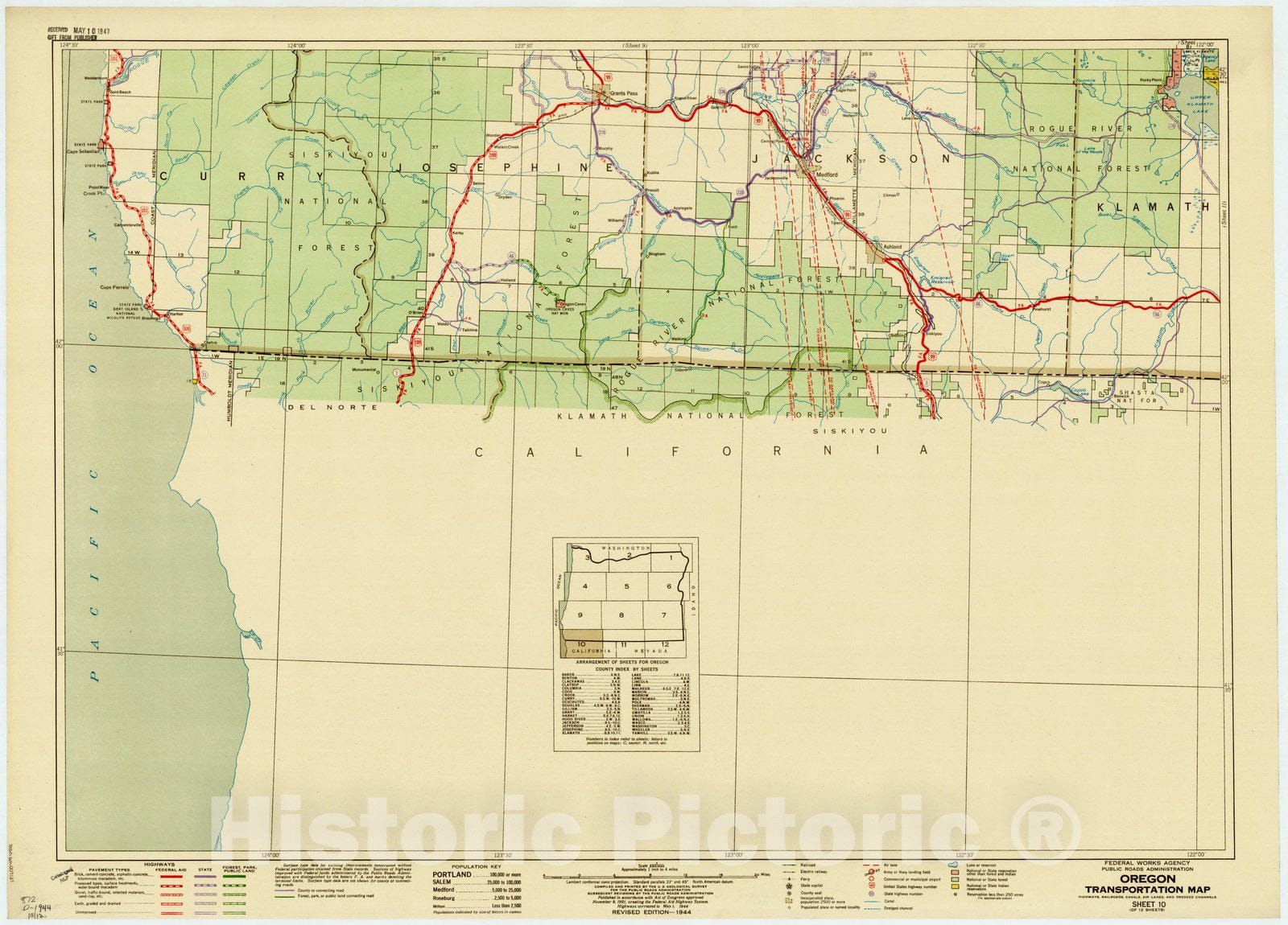 Map : Oregon 1944 11, Oregon transportation map : highways, railroads, canals, air lanes, and dredged channels , Antique Vintage Reproduction