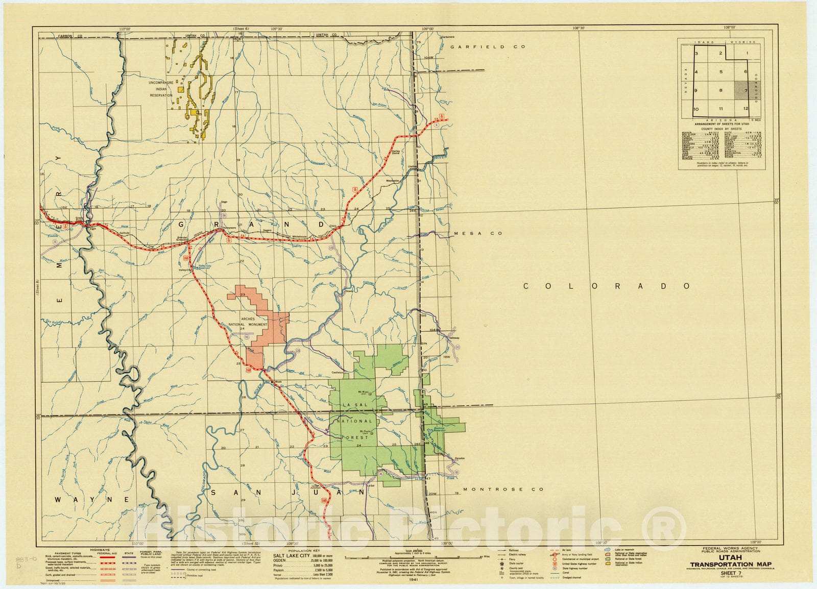 Map : Utah 1941 8, Utah transportation map : Highways, railroads, canals, air lanes and dredged channels , Antique Vintage Reproduction