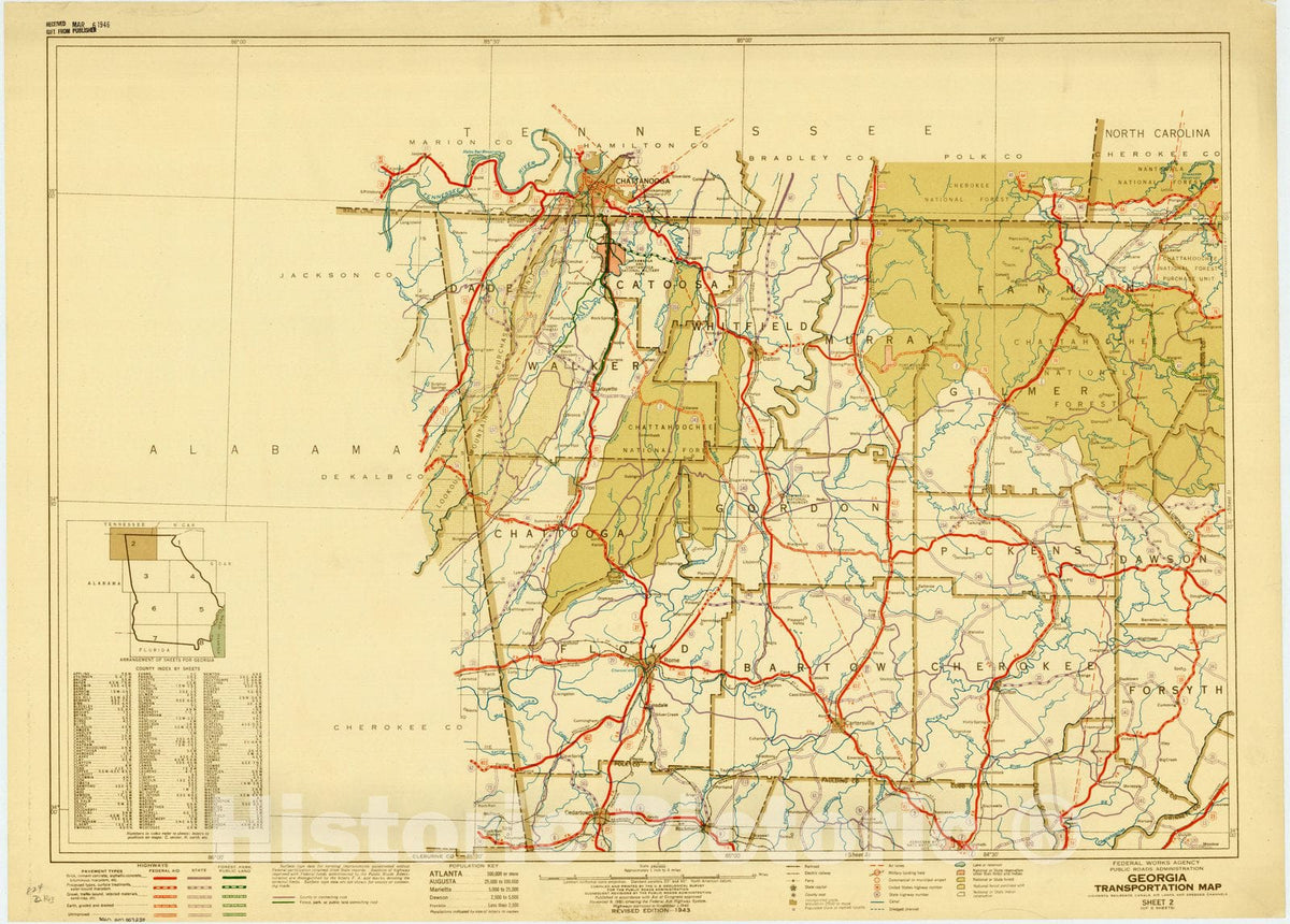Map : Georgia 1943 8, Georgia transportation map : highways, railroads, canals, air lanes, and dredged channels , Antique Vintage Reproduction