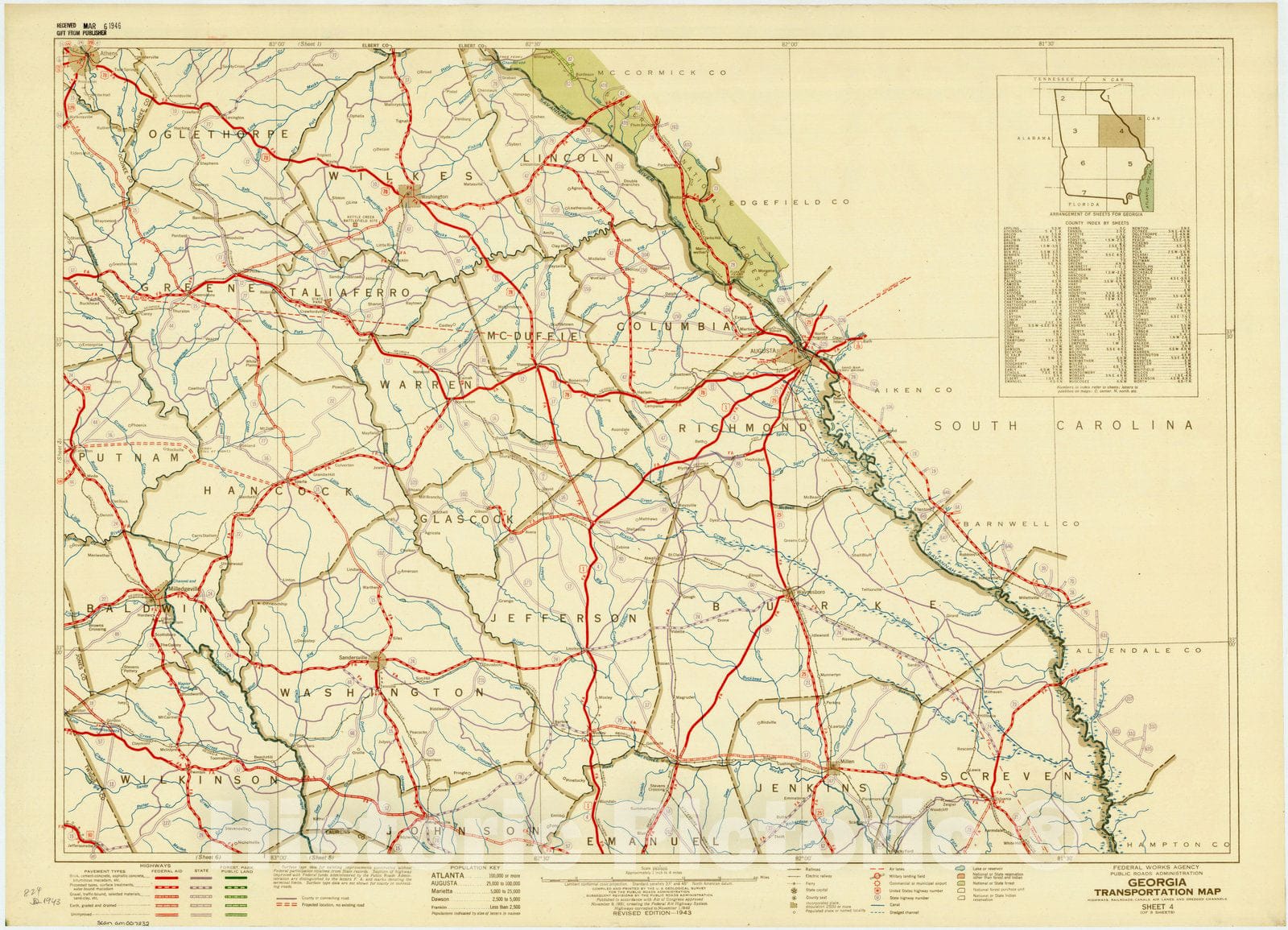 Map : Georgia 1943 3, Georgia transportation map : highways, railroads, canals, air lanes, and dredged channels , Antique Vintage Reproduction