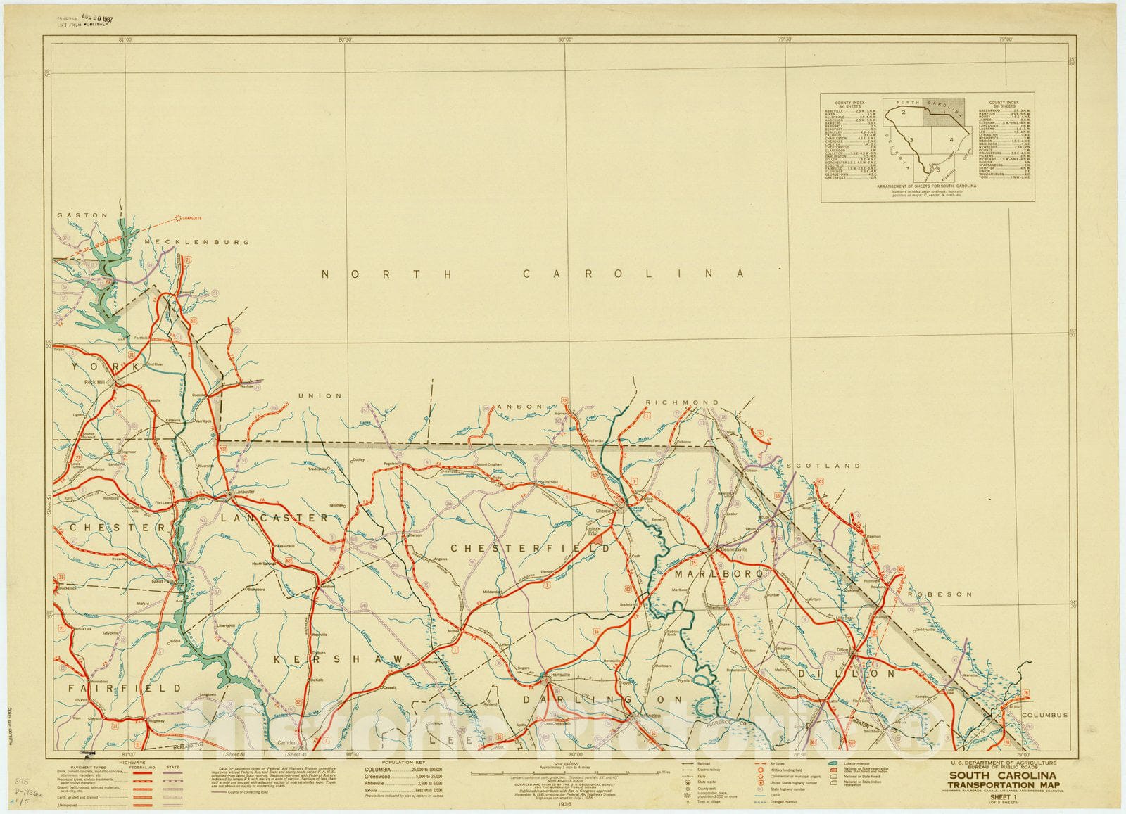 Map : South Carolina 1936 5, South Carolina transportation map : Highways, railroads, canals, air lanes, and dredged channels , Antique Vintage Reproduction