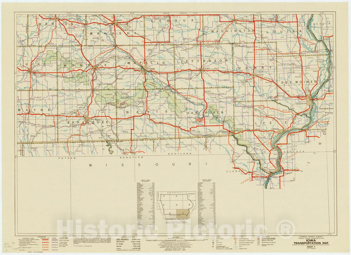Map : Iowa 1941 6, Iowa transportation map : Highways, railroads, canals, air lanes, and dredged channels , Antique Vintage Reproduction