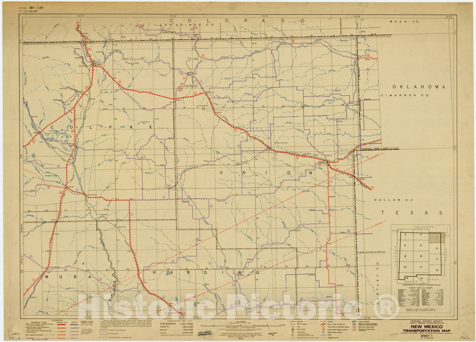 Map : New Mexico 1942 1, New Mexico transportation map , Antique Vintage Reproduction