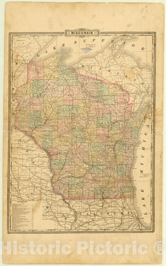 Map : Wisconsin 1893, Wisconsin , Antique Vintage Reproduction