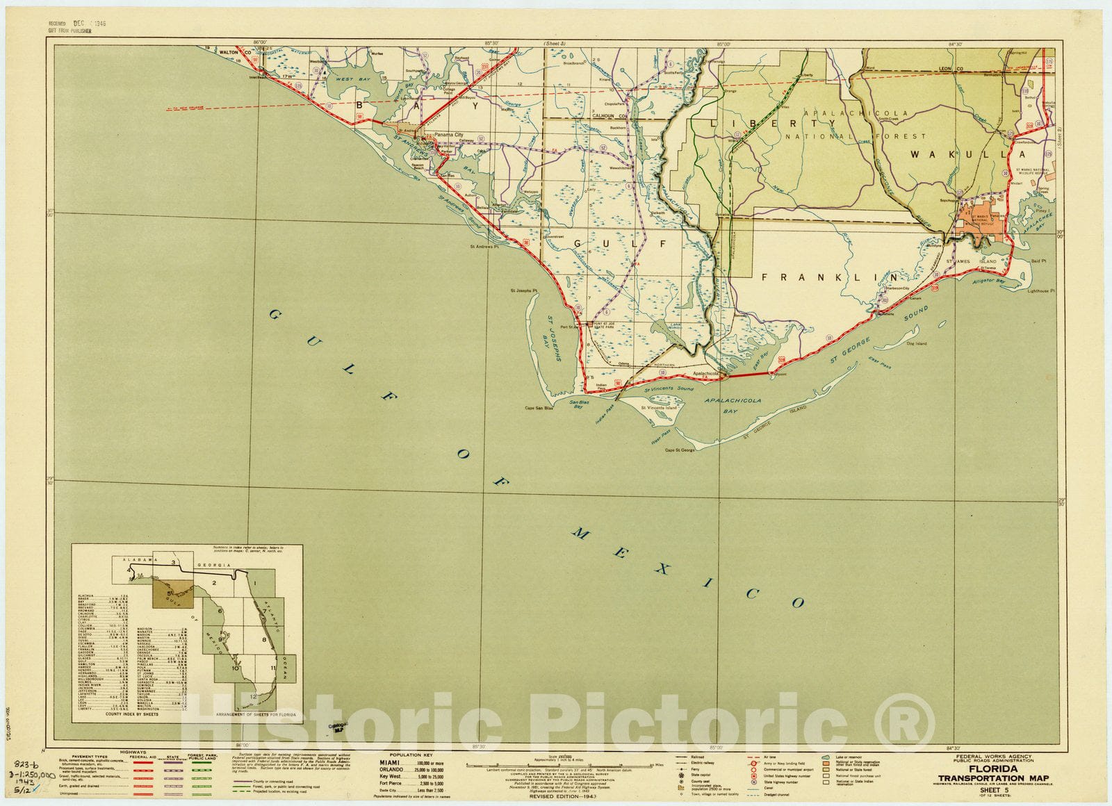 Map : Florida 1943 8, Florida transportation map : Highways, railroads, canals, air lanes, and dredged channels , Antique Vintage Reproduction