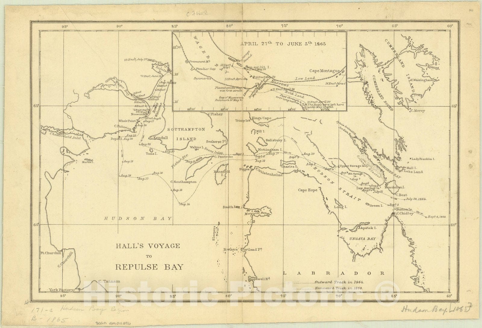 Map : Repulse Bay, Nunavut 1879, Hall's voyage to Repulse Bay, Antique Vintage Reproduction