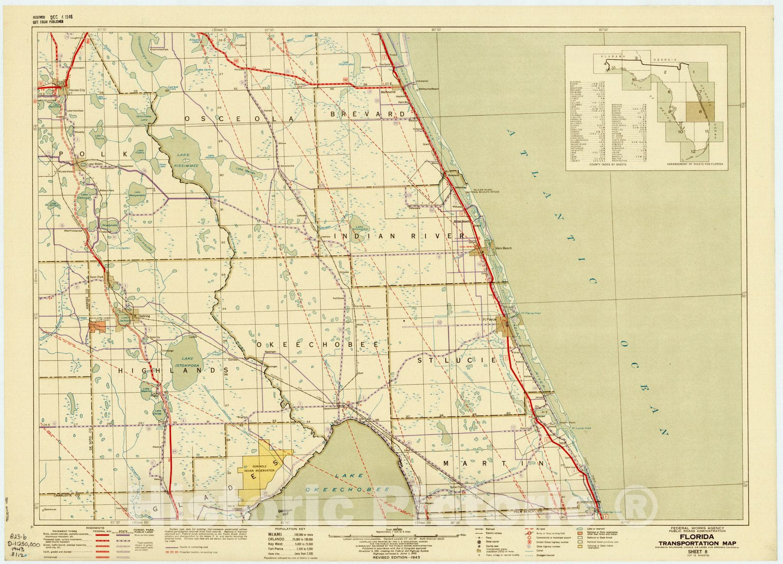 Map : Florida 1943 11, Florida transportation map : Highways, railroads, canals, air lanes, and dredged channels , Antique Vintage Reproduction