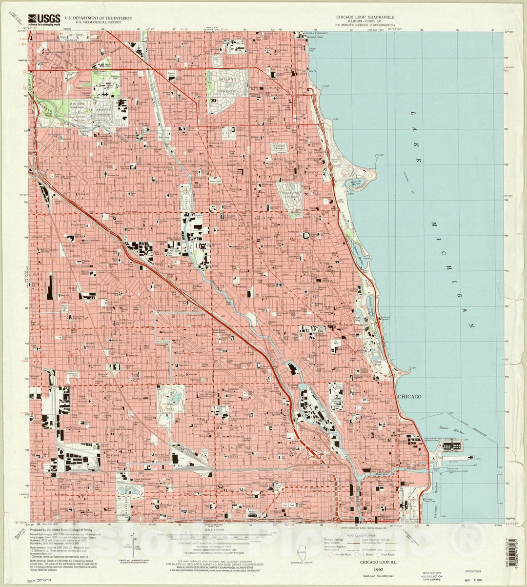 Map : Chicago, Illinois 1997, Chicago Loop quadrangle, Illinois - Cook Co., Antique Vintage Reproduction
