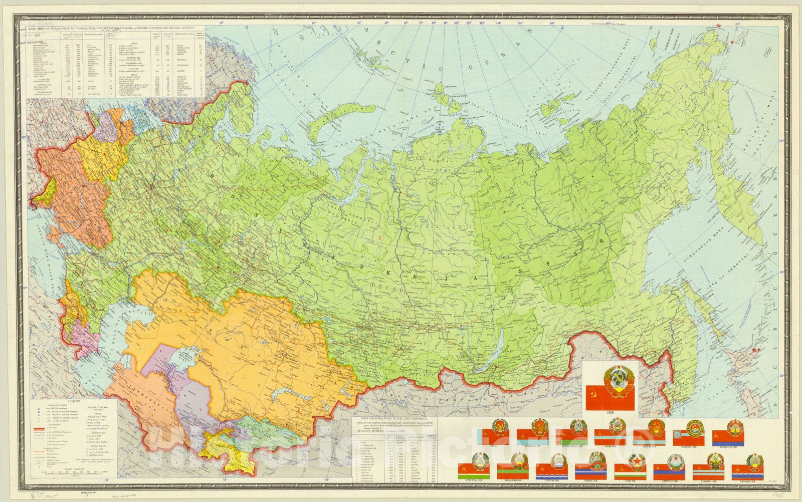 Map : Soviet Union 1965, Area and population of the Union Republics, Antique Vintage Reproduction