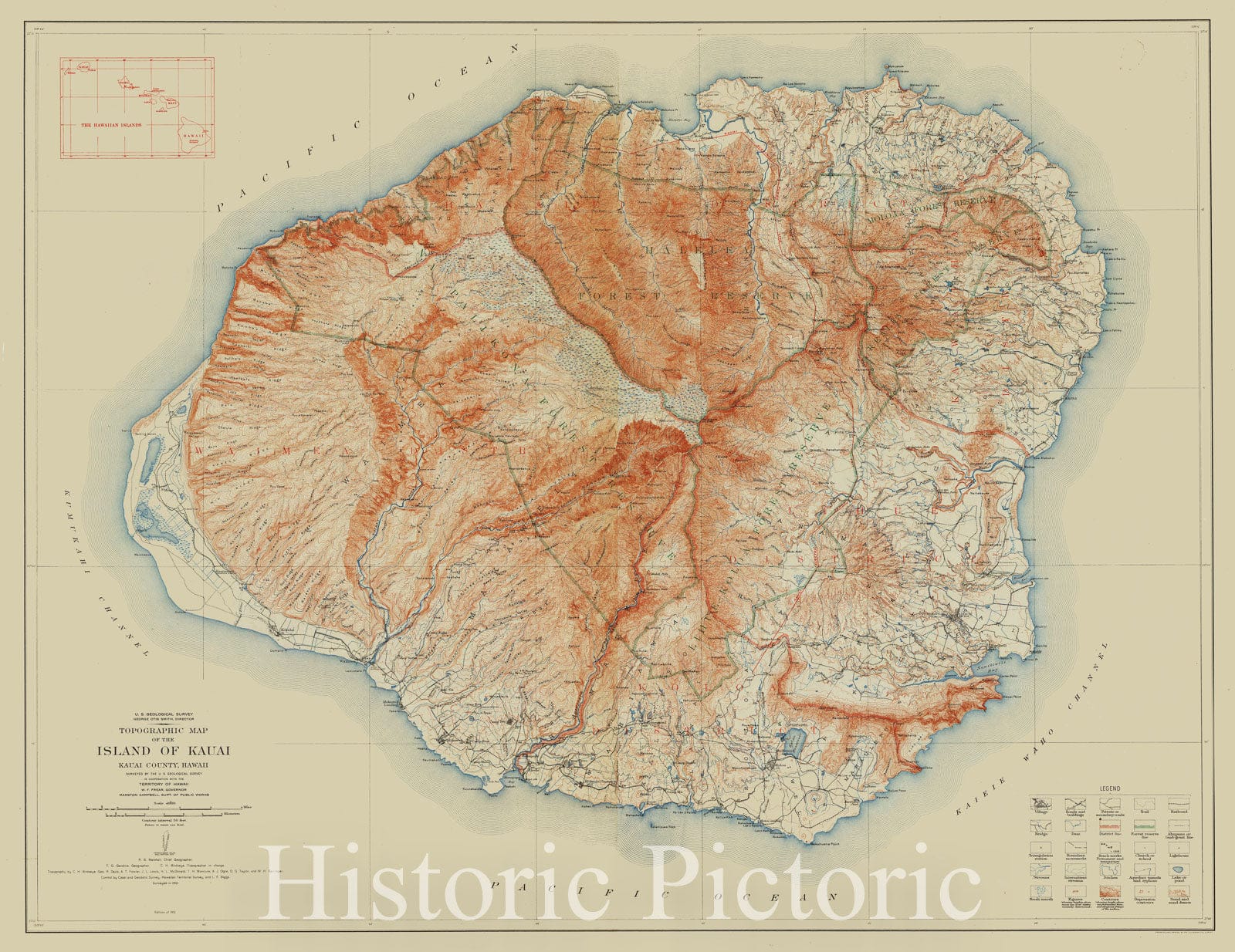 Map : Kauai (Hawaii) 1912, topographic map, Topographic map of the Island of Kauai, Kauai County, Hawaii , Antique Vintage Reproduction