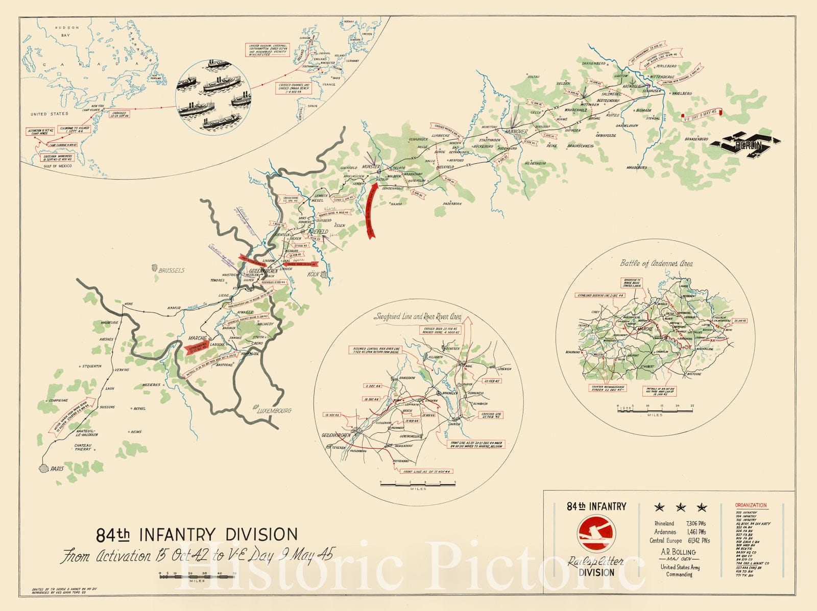 Map : Germany 1945?, 84th Infantry Division, from activation 15 Oct. 42, to V-E Day, 9 May 45 , Antique Vintage Reproduction