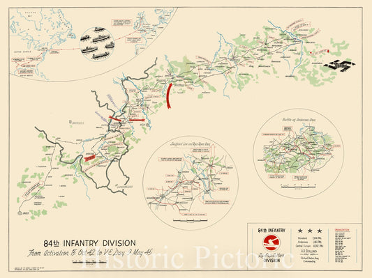 Map : Germany 1945?, 84th Infantry Division, from activation 15 Oct. 42, to V-E Day, 9 May 45 , Antique Vintage Reproduction