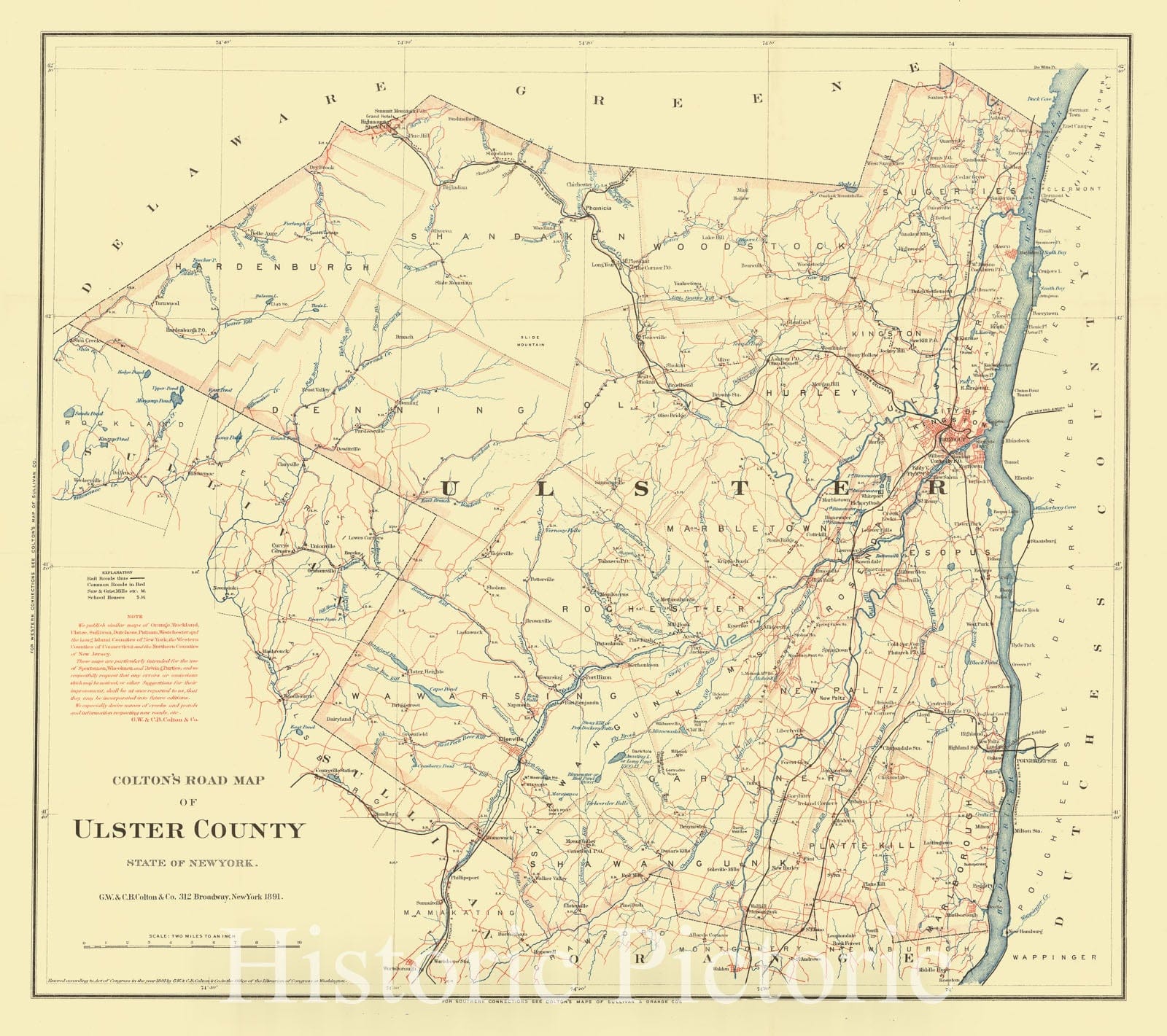 Map : Ulster County, New York 1891, Colton's road map of Ulster County, State of New York, Antique Vintage Reproduction