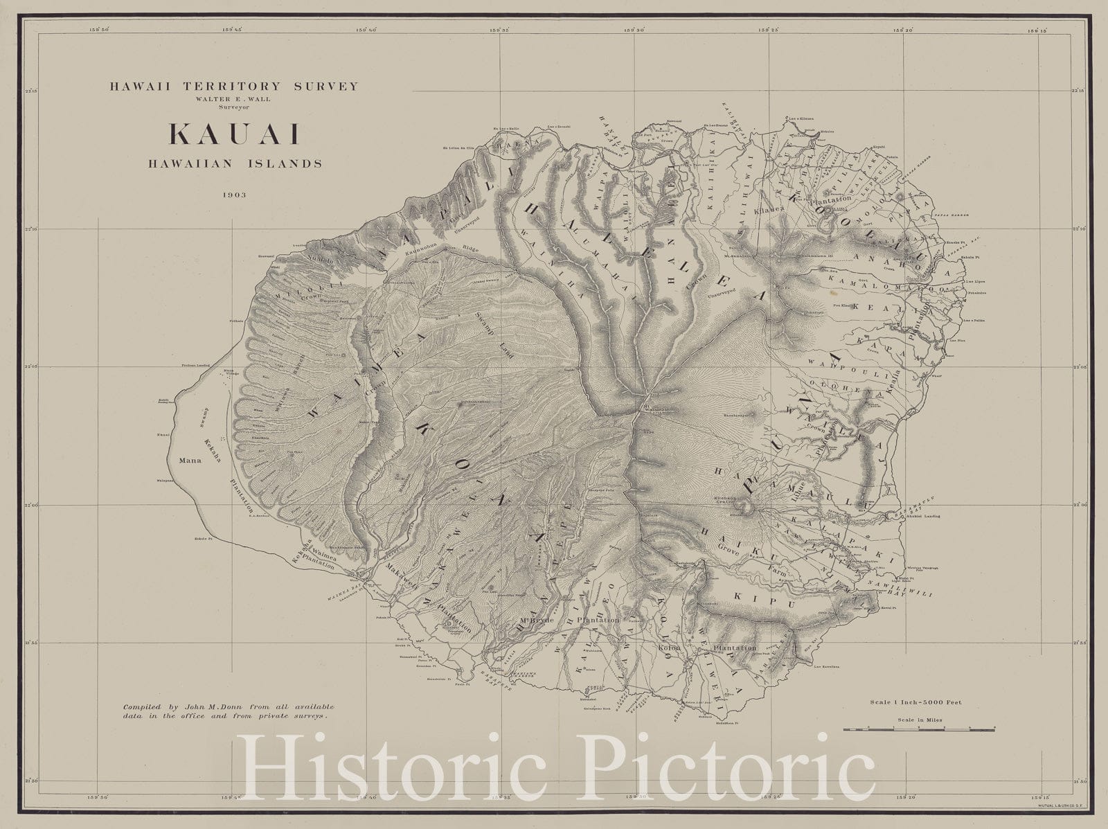 Map : Kauai (Hawaii) 1903, Kauai, Hawaiian Islands , Antique Vintage Reproduction