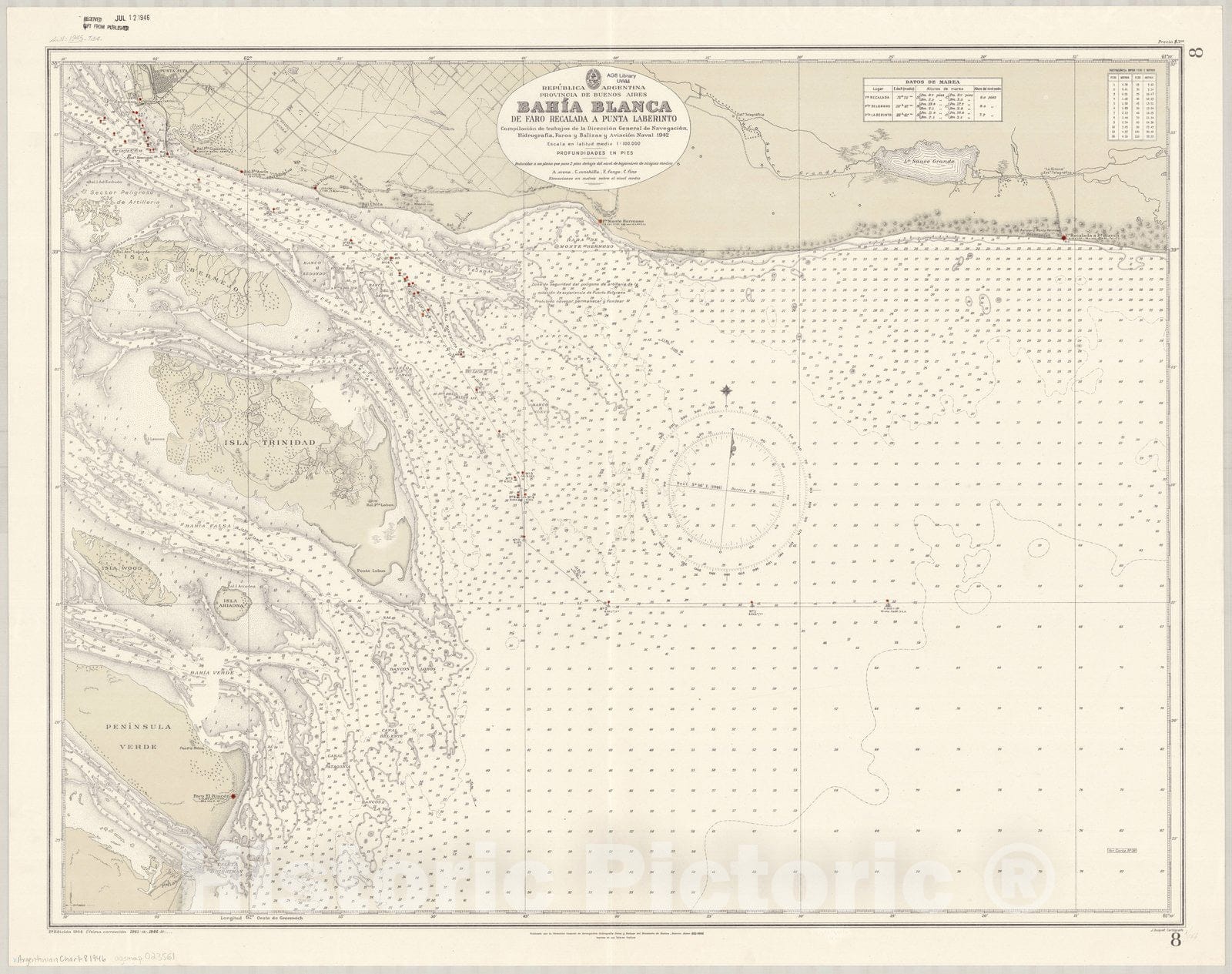 Map : Buenos Aires, Argentina 1946, Republica Argentina, Provincia de Buenos Aires, Bahia Blanca, de Faro Recalada a Punta Laberinto , Antique Vintage Reproduction