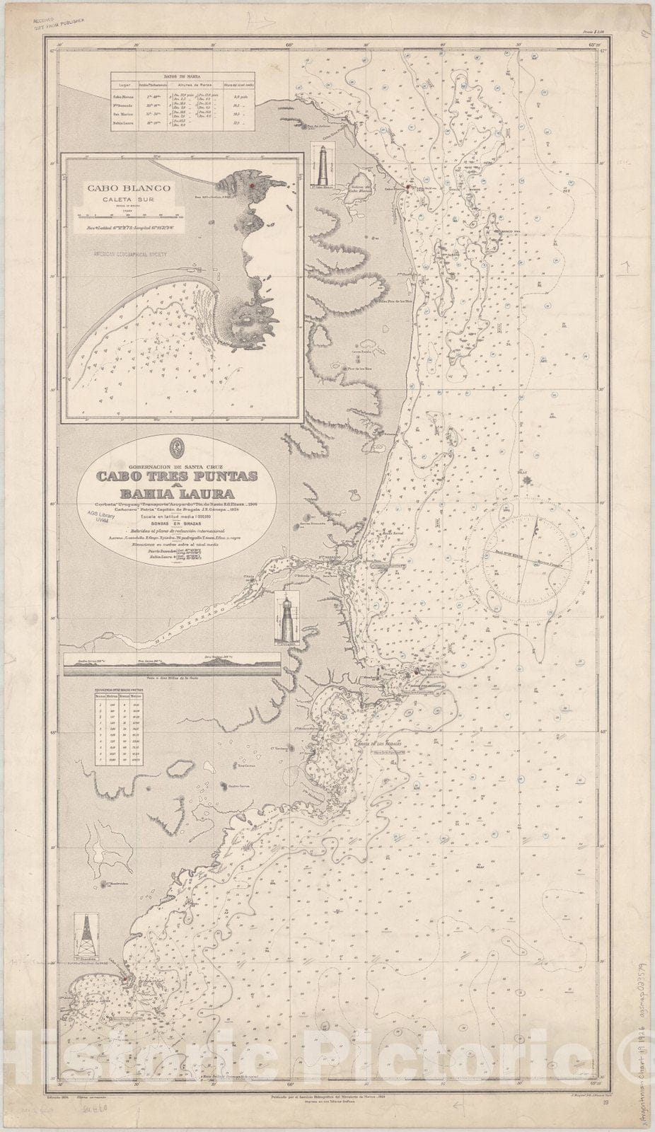 Map : Puerto Deseado, Argentina 1926, Gobernacion de Santa Cruz, Cabo Tres Puntas a Bahia Laura , Antique Vintage Reproduction