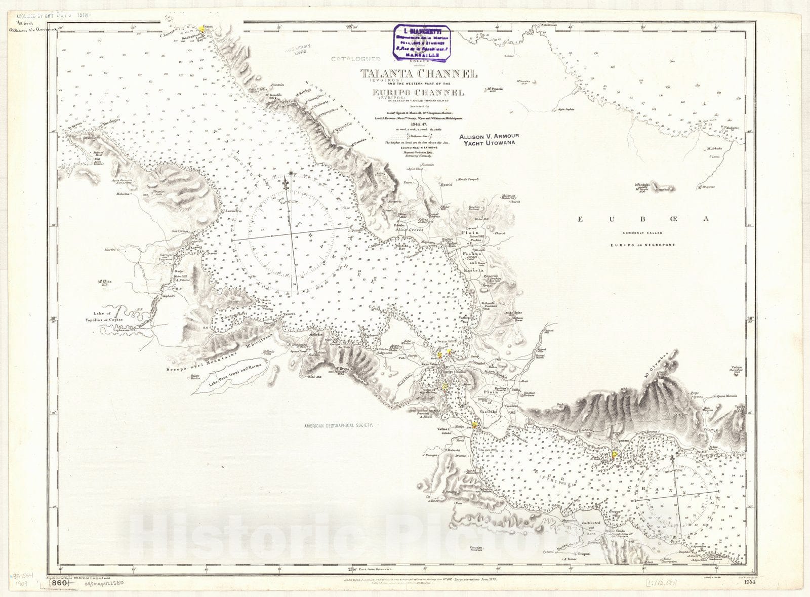 Map : Atalante Channel, Greece 1909, Greece, Talanta (Evoikos) Channel and the western part of the Euripo (Evripos) Channel , Antique Vintage Reproduction