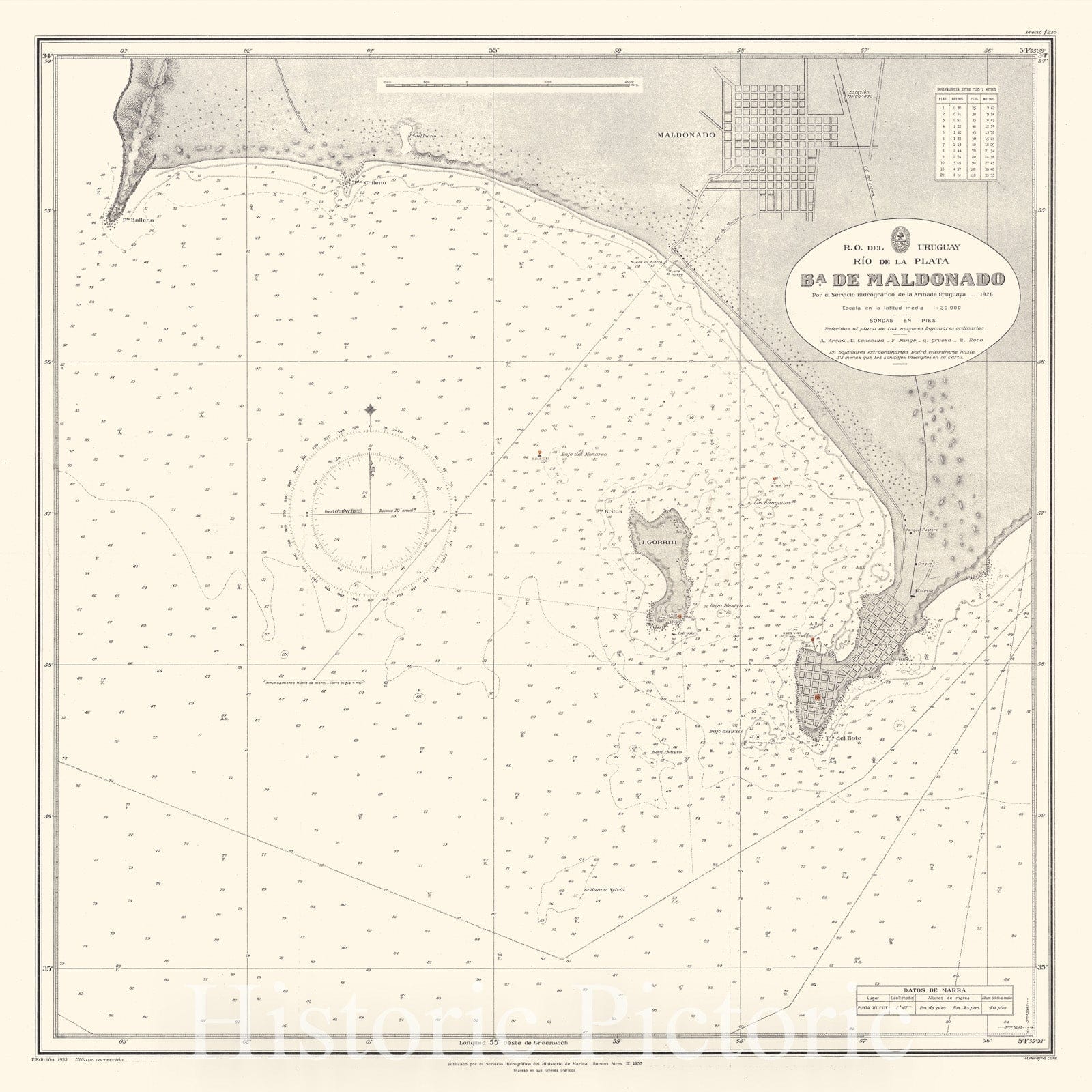 Map : Rio de la Plata, Uruguay 1933, R.O. del Uruguay, Rio de la Plata, Ba. de Maldonado , Antique Vintage Reproduction