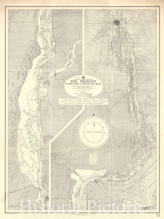 Map : Uruguay River 1933, Republica Argentina, Rio Uruguay, de Nueva Palmira a Concepcion del Uruguay , Antique Vintage Reproduction