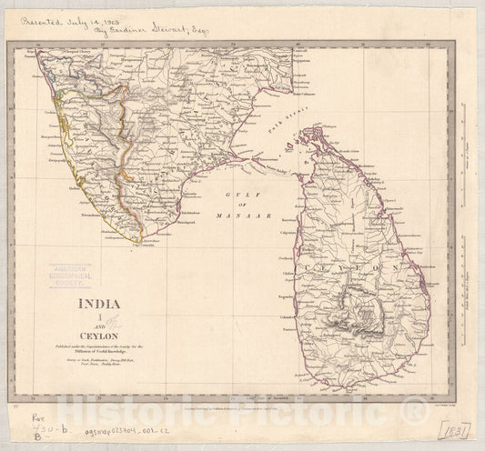 Map : India and Ceylon 1853 15, India and Ceylon , Antique Vintage Reproduction