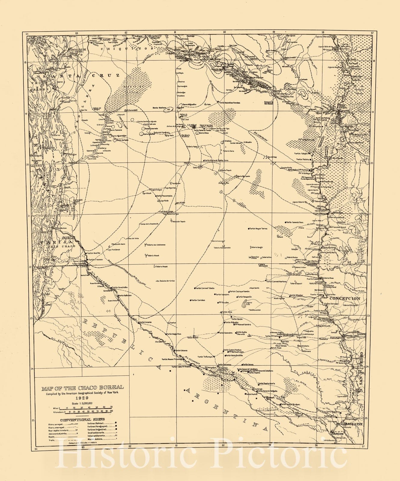 Map : Chaco Boreal, Paraguay and Bolivia 1929 2, Map of the Chaco Boreal , Antique Vintage Reproduction