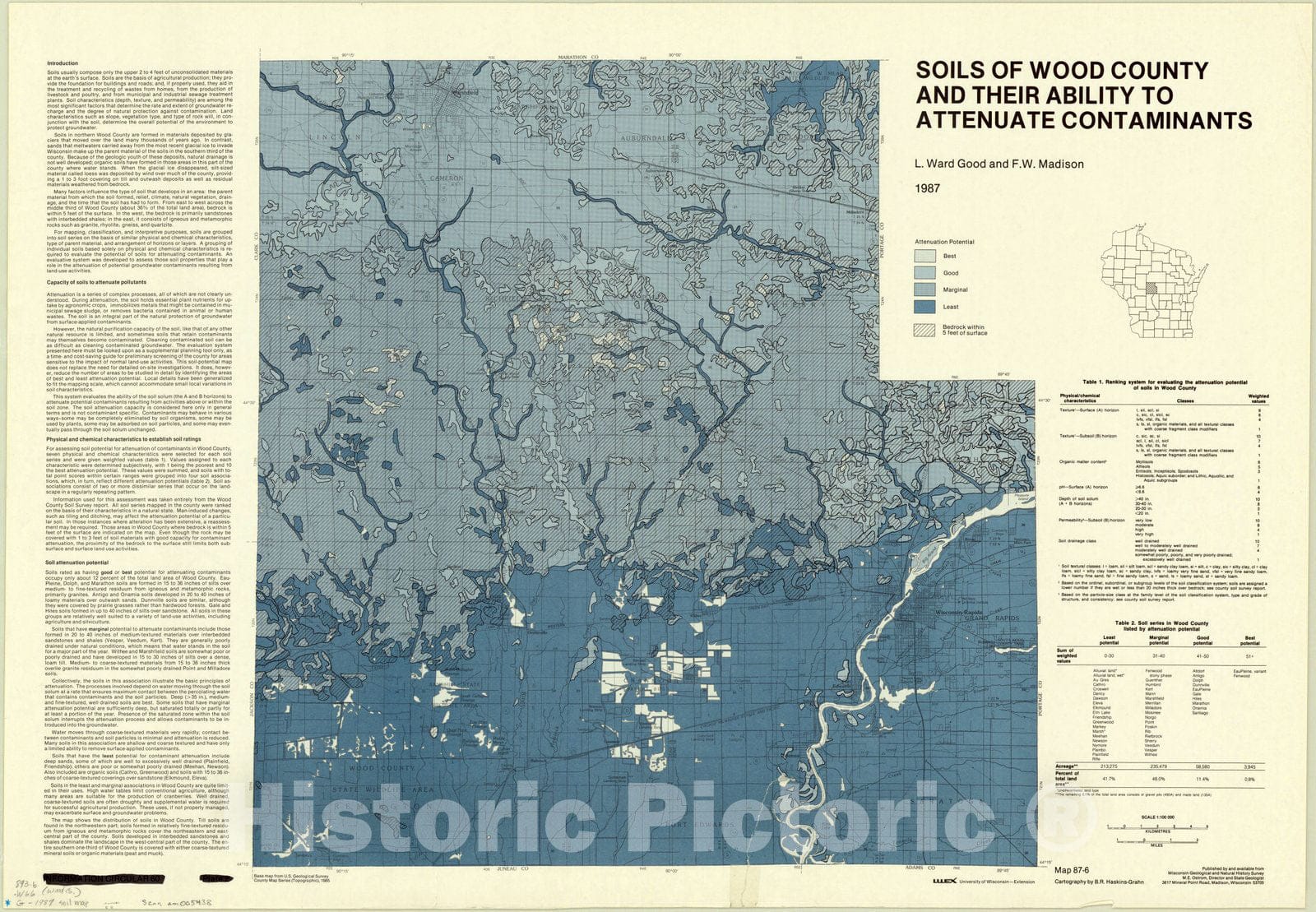 Map : Wood county, Wisconsin 1987, Soils of Wood County and their ability to attenuate contaminants , Antique Vintage Reproduction
