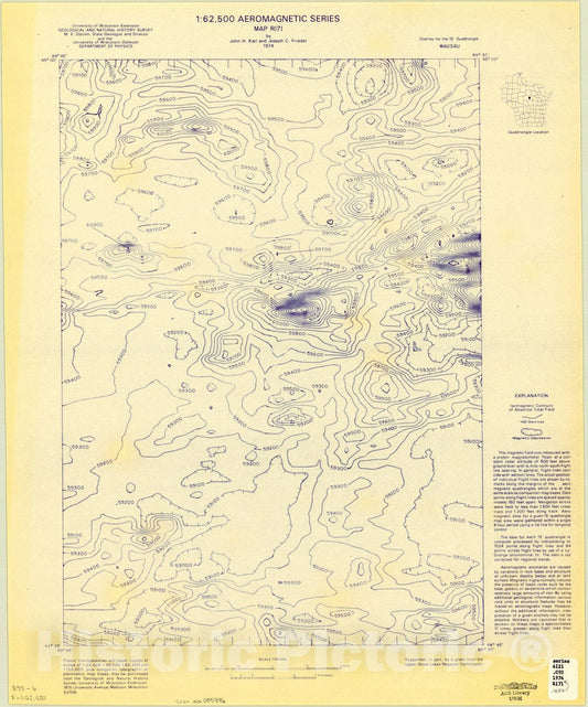 Map : Wausau, Wisconsin 1974, 1:62,500 aeromagnetic series map R171 by John H Karl and Joseph C. Friedel, Antique Vintage Reproduction