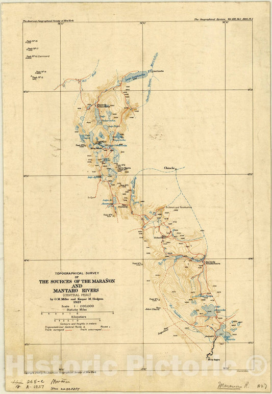 Map : Maranon and Mantaro Rivers, Peru 1929, Topographical survey of the sources of the Maranon and Mantaro Rivers (Central Peru), 1927 , Antique Vintage Reproduction