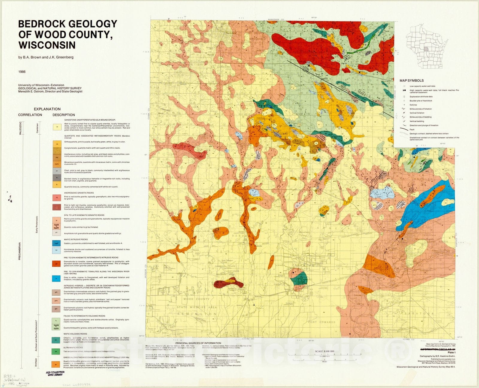 Map : Wood county, Wisconsin 1986, Bedrock Geology of Wood County, Wisconsin , Antique Vintage Reproduction