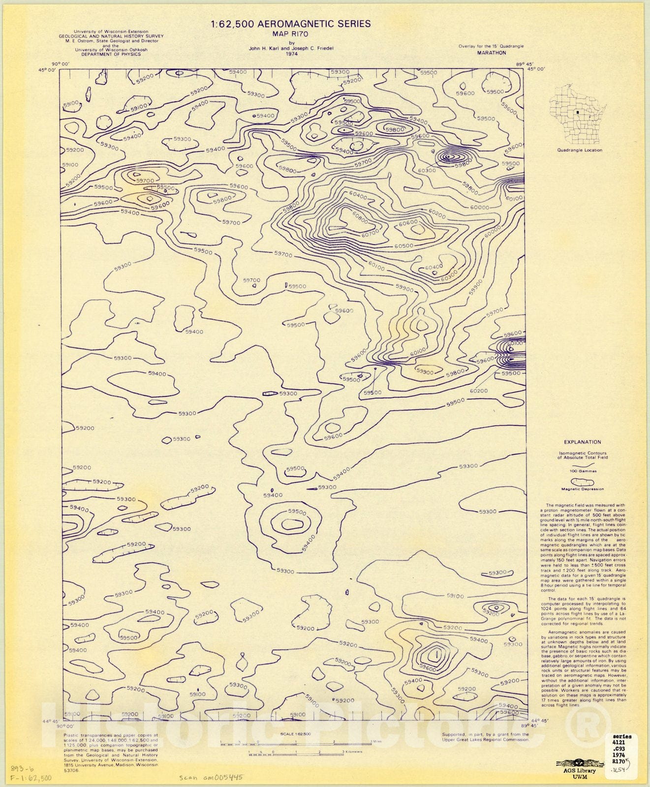 Map : Marathon, Wisconsin 1974, 1:62,500 aeromagnetic series map R170 by John H Karl and Joseph C. Friedel, Antique Vintage Reproduction