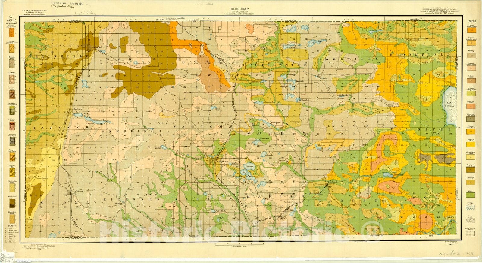 Map : Waushara county, Wisconsin 1909, Soil map, Wisconsin, Waushara County sheet , Antique Vintage Reproduction
