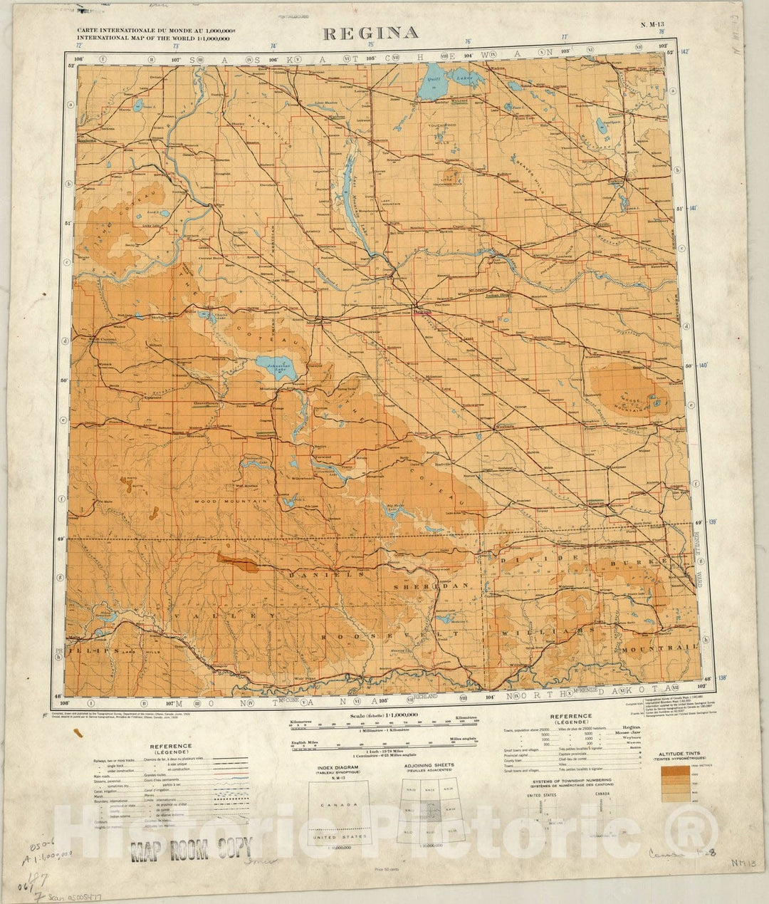 Map : Regina, S, Carte Internationale du Monde au 1,000,000, International map of the world 1:1,000,000, Regina, N.M-13 , Antique Vintage Reproduction