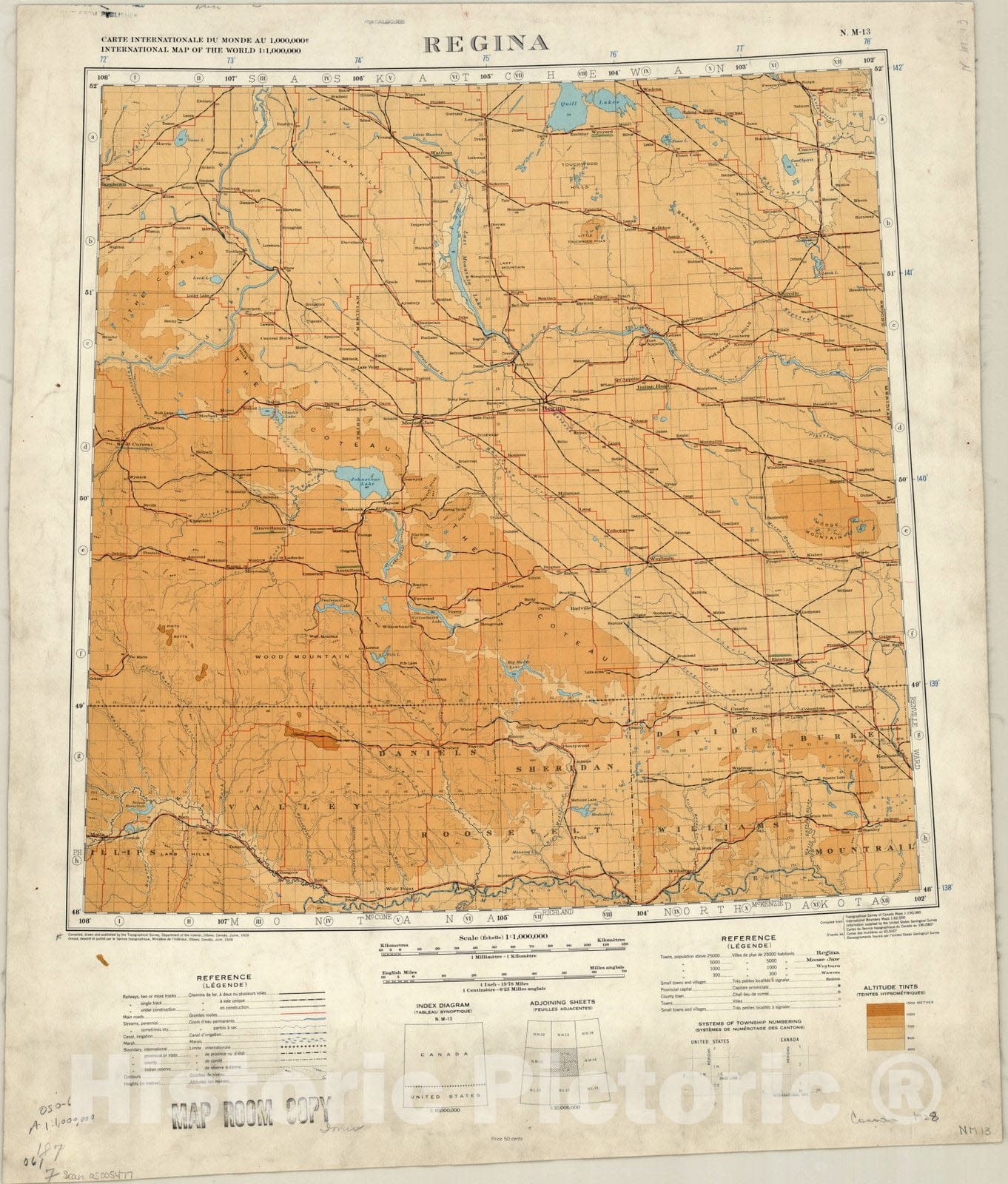 Map : Regina, S, Carte Internationale du Monde au 1,000,000, International map of the world 1:1,000,000, Regina, N.M-13 , Antique Vintage Reproduction