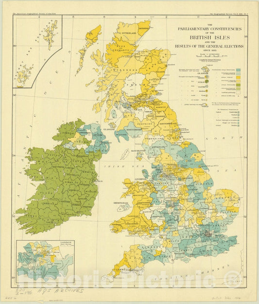 Map : United Kingdom 1916, Parliamentary constituencies of the British Isles and the results of the general elections since 1885, Antique Vintage Reproduction