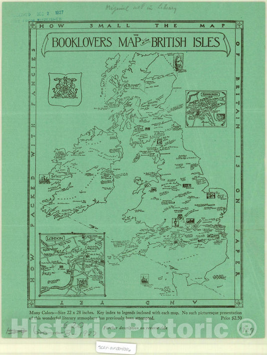 Map : British Isles 1927, The booklovers' map of the British Isles, Antique Vintage Reproduction