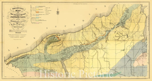 Map : Upper Peninsula Michigan 1849, Geological map of the district between Portage Lake and Montreal River, Lake Superior, Michigan , Antique Vintage Reproduction