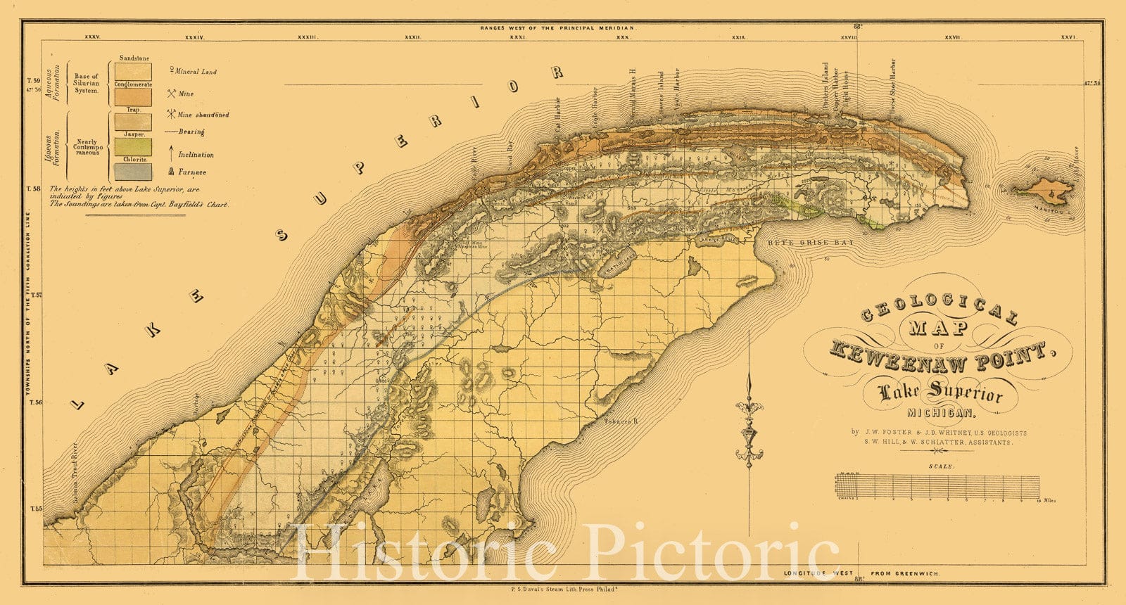 Map : Keweenaw Peninsula, Michigan 1849 1, Geological map of Keweenaw Point, Lake Superior , Antique Vintage Reproduction