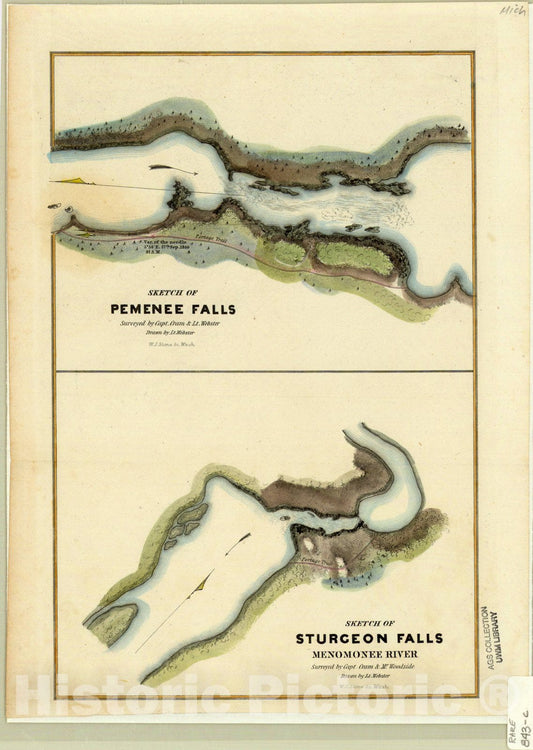 Historic Map : Menomonee River and Sturgeon Falls, Michigan and Wisconsin 1920, Sketch of Pemenee Falls : Sketch of Sturgeon Falls, Menomonee River , Antique Vintage Reproduction