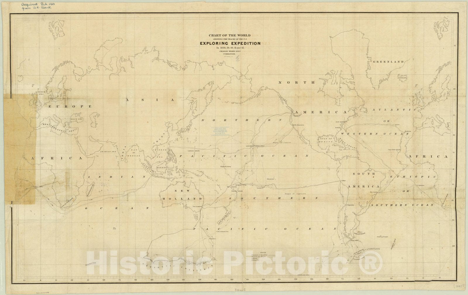 Map : World 1842, Chart of the world showing the tracks of the U.S. Exploring Expedition : in 1838, 39, 40, 41 and 42 , Antique Vintage Reproduction